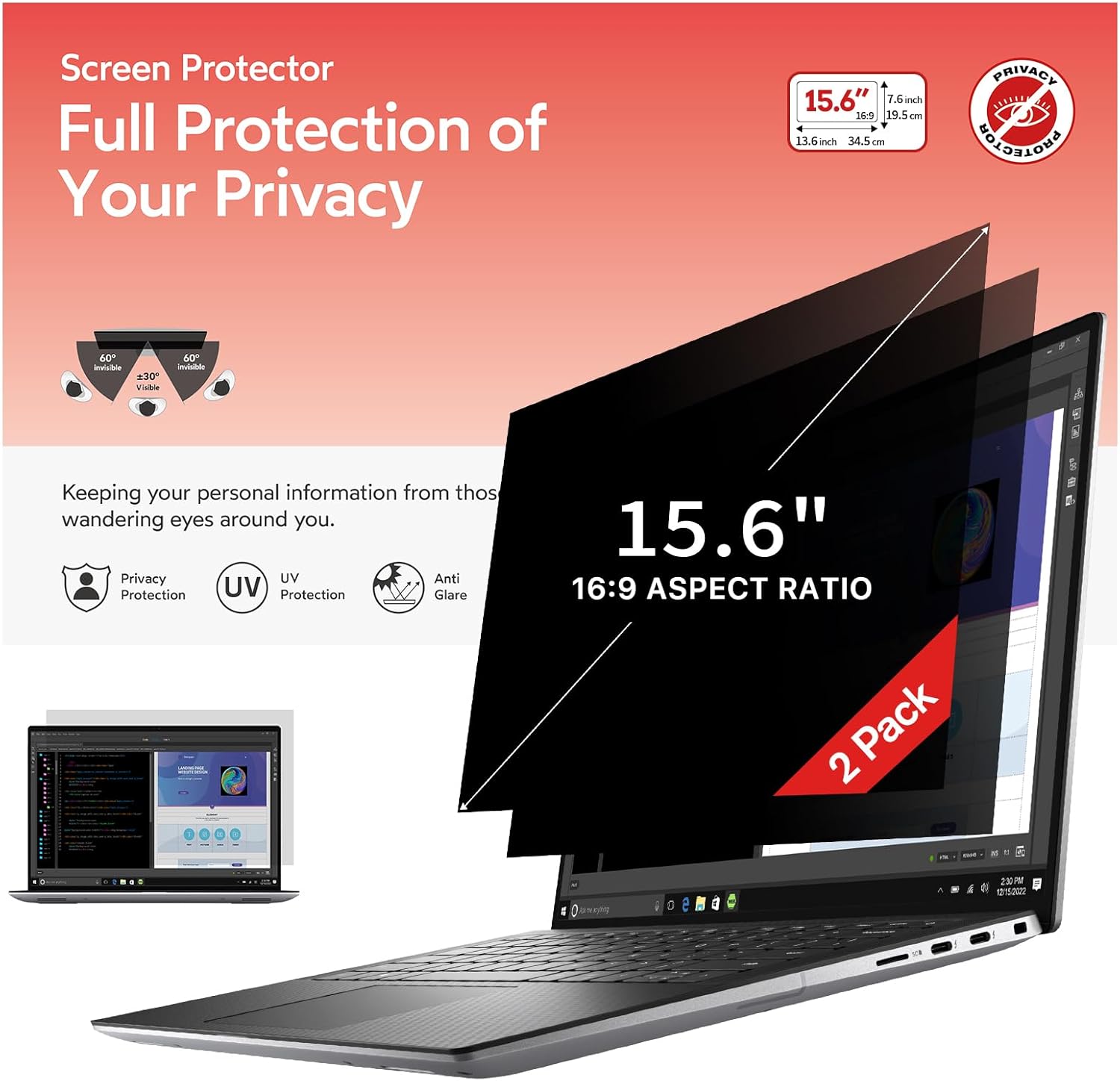 bersem 2 Pack 15.6 Laptop Privacy Screen for 16:9 Ratio Computer Monitor, Removable, Anti Glare, Blue Light Filter, Anti-Spy, Anti-Scratch, UV-Blocking