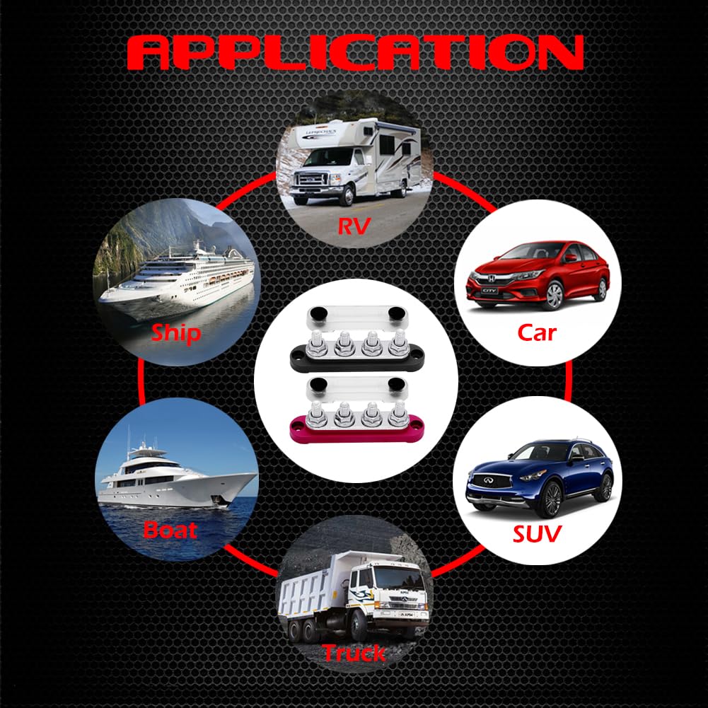 4 x M8 (5/16") Studs Power Distribution Block Bus Bar 12V, Ampper 4.3" 200A Marine BusBar Battery Distribution Block W/Cover for Car Boat Solar (Red & Black)