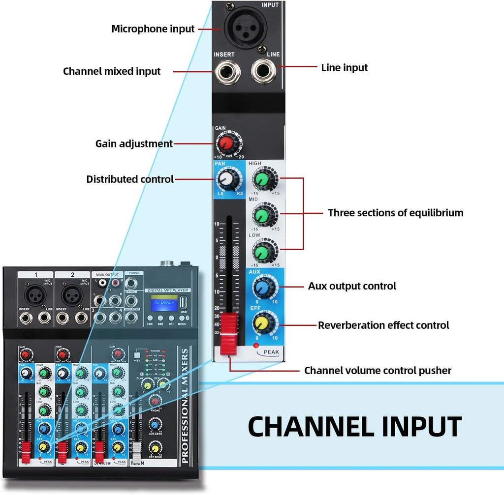 Depusheng HT4 Bluetooth Compatible Professional Portable Digital DJ Console w/USB 4 Channel Mixer Audio Interface-Mixing Boards For Studio Recording, Black