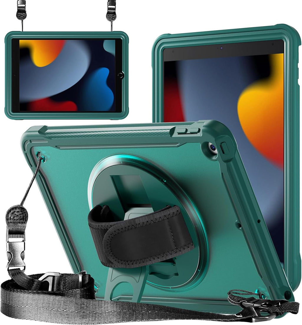 ZenRich Clear Case for iPad 9th/8th/7th Generation 10.2 inch 2021/2020/2019, Shockproof Slim Hard Case with Pencil Holder/360°Rotating Kickstand/Handle/Carrying Strap, MidnightGreen