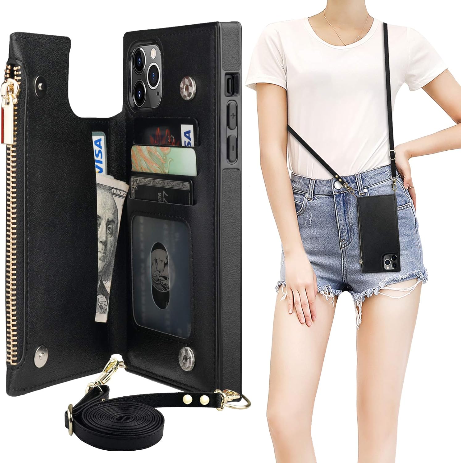 Bocasal Crossbody Wallet Case for iPhone 11 Pro Max with Card Holder,Zipper Card Slot Protector Shockproof Purse Cover with Removable Cross Body Strap 6.5 Inch(Black)