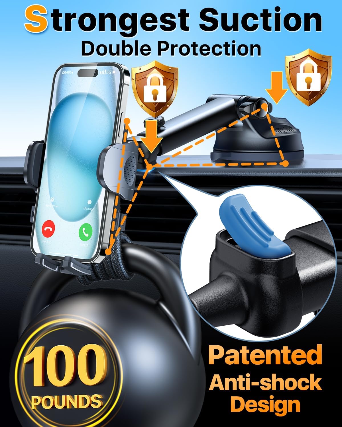 HTU 2025 Best Car Phone Holder 【Ultimate 5-in-1 & Upgraded 100+LBS Strongest Suction】【True Military-Grade & Safety Cert】 360° Windshield Dashboard Vent Mount Stand for iPhone Android & Truck, Grey