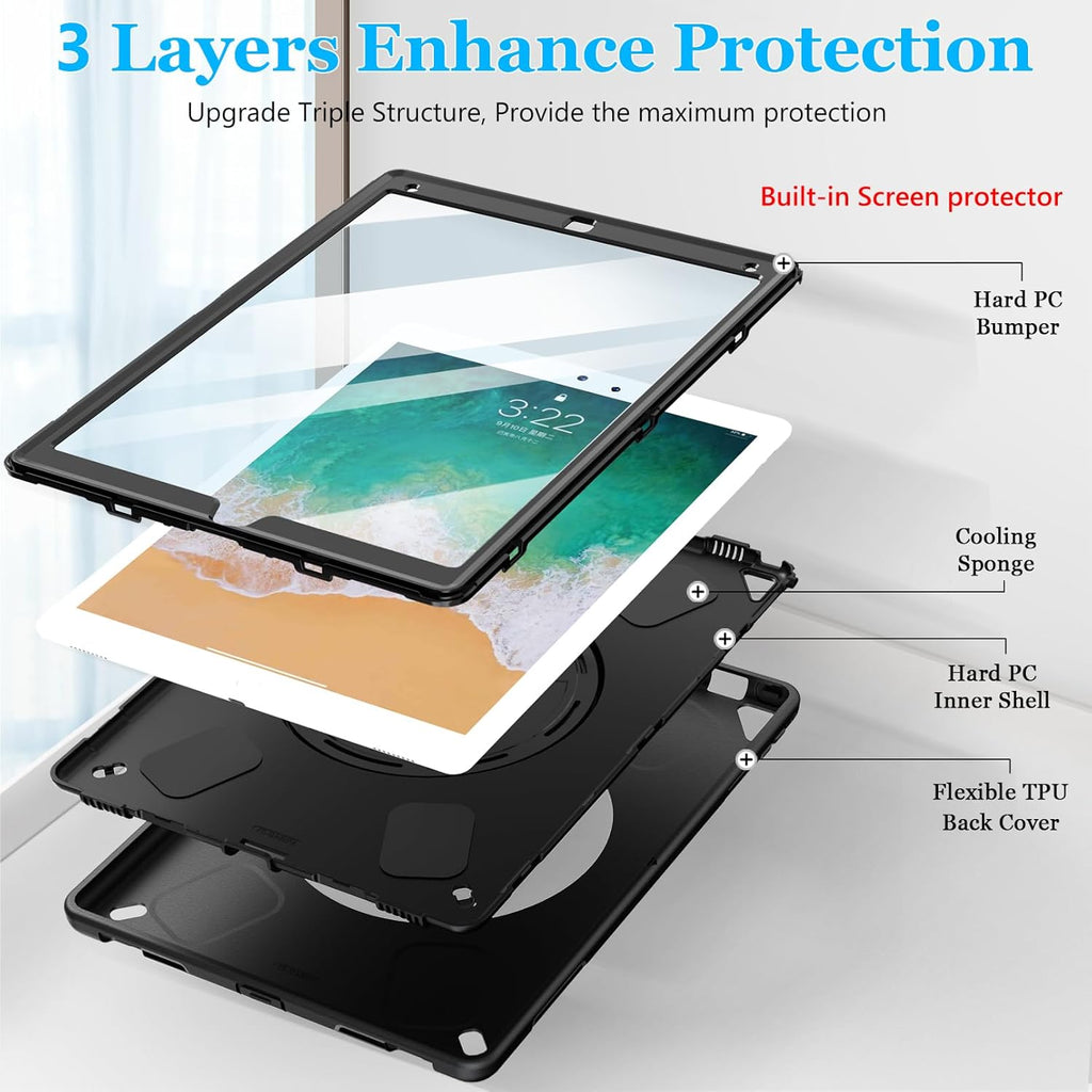 Case for iPad Pro 12.9 2nd Generation 2017 & 2015 1st Generation, Heavy Duty Rugged TPU Protective Cover with Screen Protector- Stand + Handle Hand & Shoulder Strap + Pencil Holder- Black