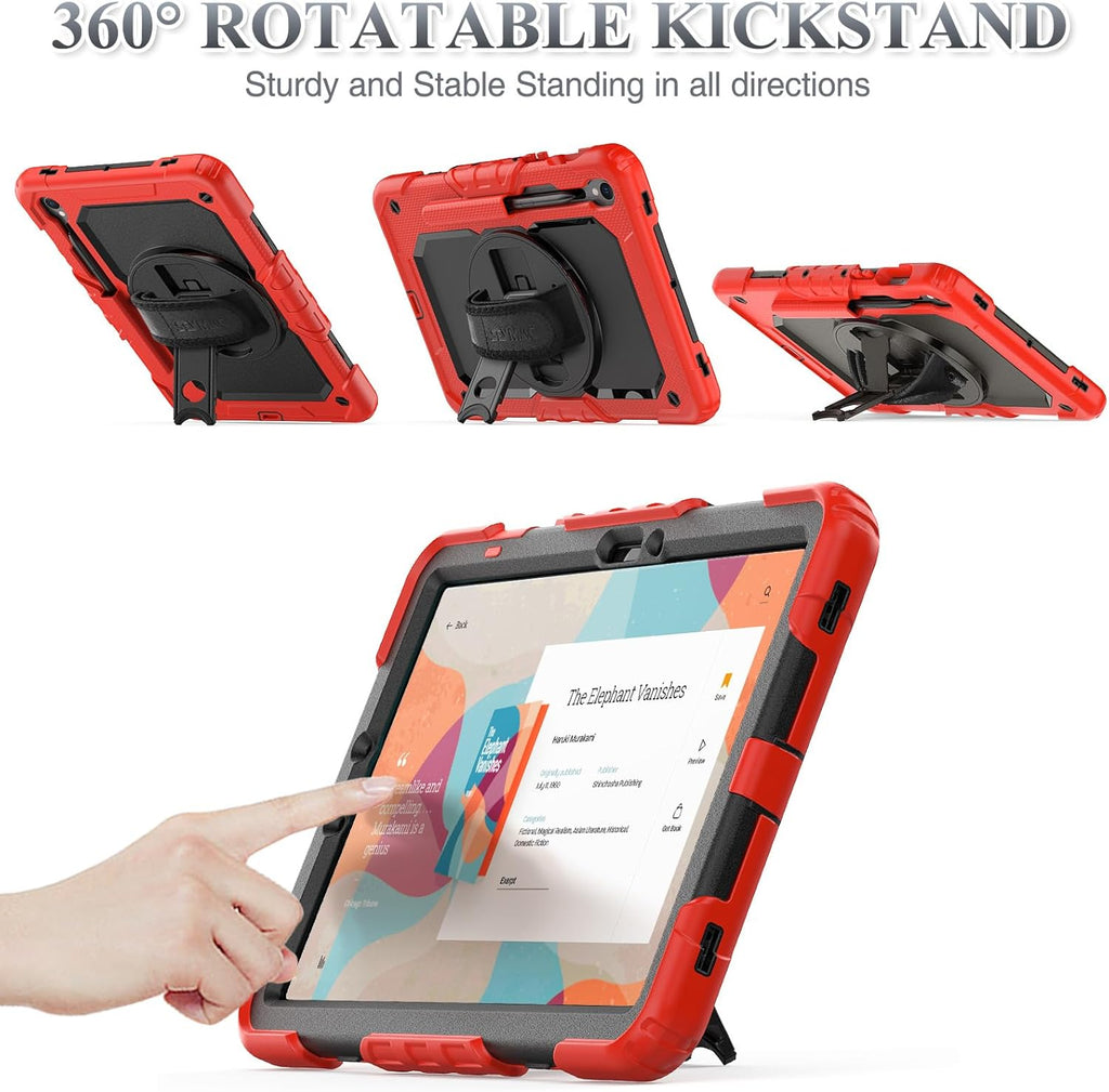 SEYMAC stock Case for Samsung Galaxy Tab S10 FE / S9 / S9 FE 5G Tablet Case Protective with Screen Protector, Pencil Holder, 360 Rotate Stand, Hand Strap, Shoulder Strap, Red
