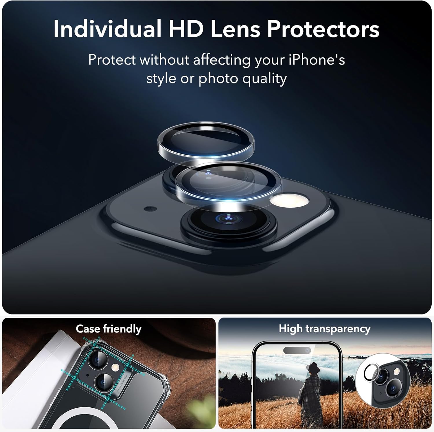 ESR 3+1 Pack for iPhone 15 Screen Protector, [9H Hardness] [Military Grade Shatterproof] Full Coverage Ultra-tough Tempered Glass Film with Easy Installation Frame, 1 Set of Camera Lens Protector