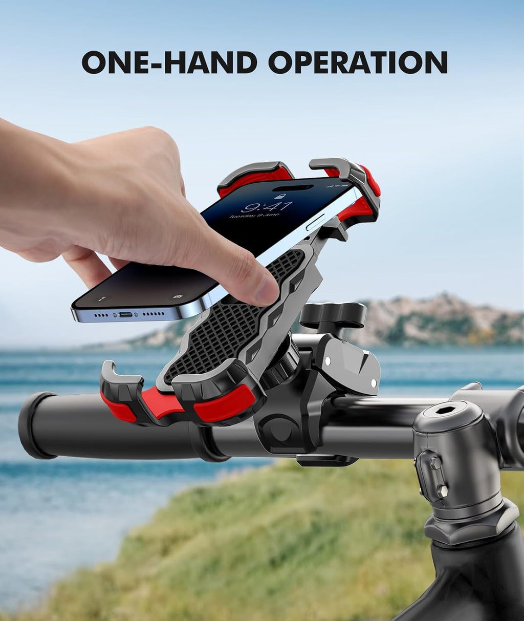 Motorcycle Phone Mount, Upgrade Bike Phone Mount [1s Lock][Secure Protection], 360° Rotatable Phone Holder for Mountain Bike/ATV/Scooter Handlebar, Compatible with iPhone/Samsung 4.7-6.7" (Red)