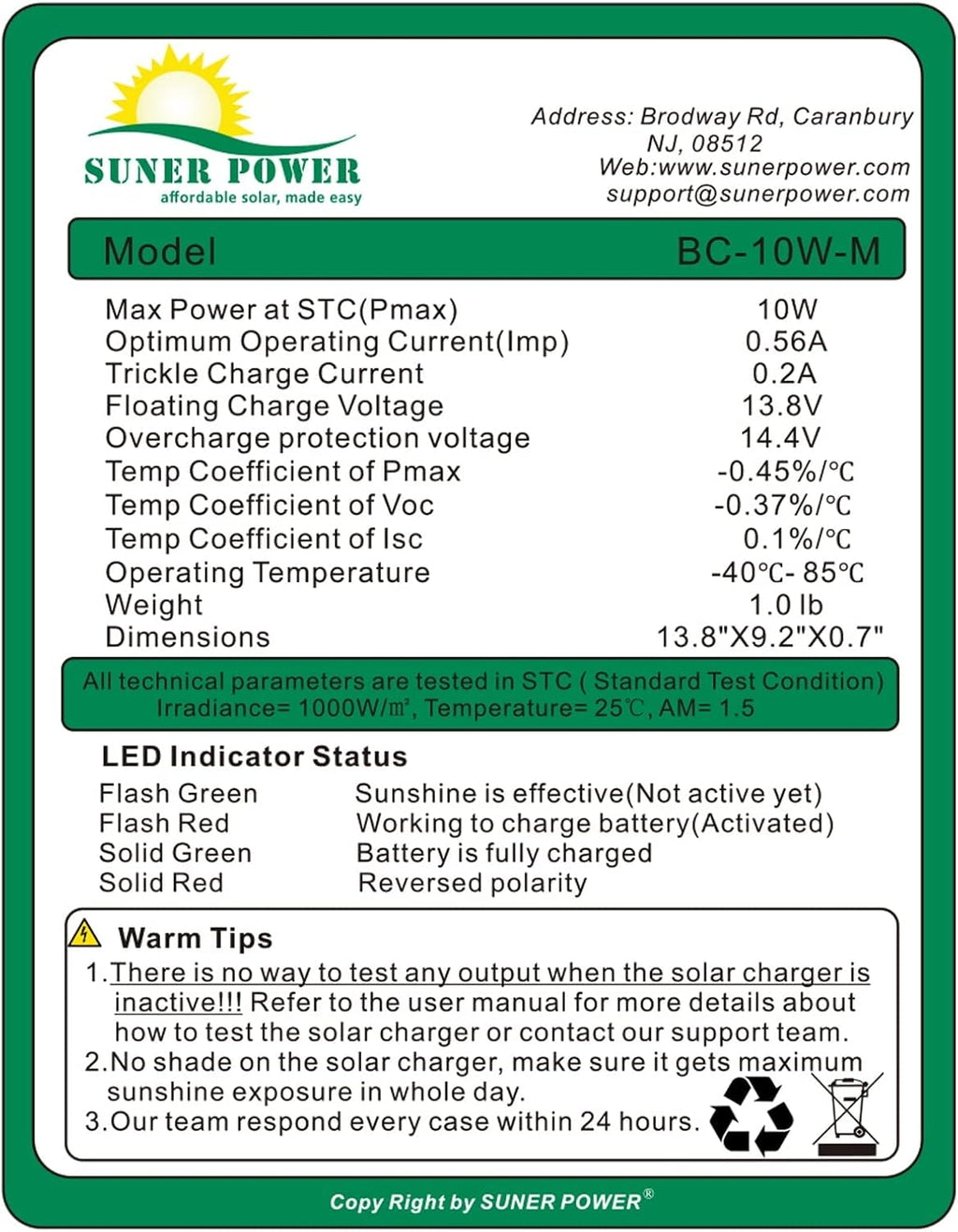 SUNER POWER 10W 12V Solar Battery Charger Maintainer, Built-in Smart MPPT Charge Controller, Adjustable Mount Bracket, Waterproof 10 Watt Solar Panel Kits for Car Automotive Boat Marine RV Trailer