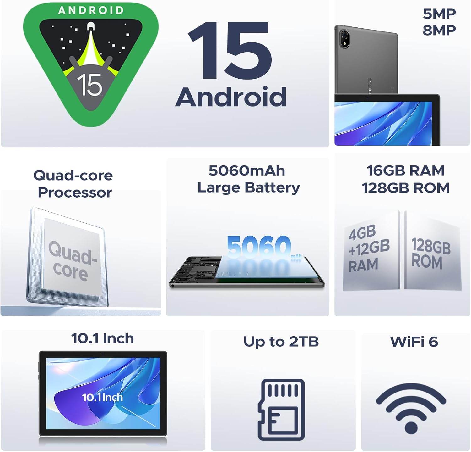 DOOGEE U10(2025) 10 inch Tablet with Keyboard, Android 15 Tablet 16GB+128GB/2TB Expand, 2.0GHz Quad Core Gaming Tablets,5060mAh,1280x800 IPS HD Touchscreen,WiFi 6,Dual Camera,BT5.0,Widevine L1,Blue