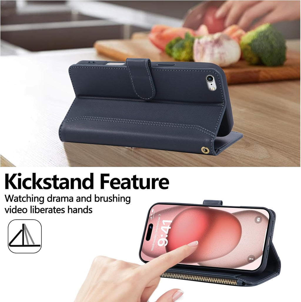 Compatible with iPhone 7/8/SE 2020/SE 2022 Wallet Case PU Leather Shockproof Protective Cover with Credit Card Slots, Zipper Pocket Detachable Wrist Strap,Unisex Design for Men/Women-Navy Blue