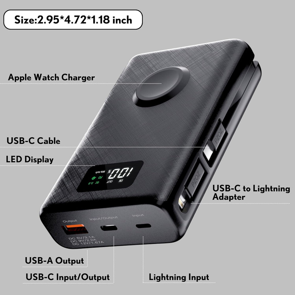 pzoz 20000mAh Portable Power Bank Powerbank Battery Pack with Apple Watch Magnetic Wireless Charger,USB Type C PD Fast Charging Cable Travel High Capacity Compatible iWatch iPhone 16 15 Phone (Black)