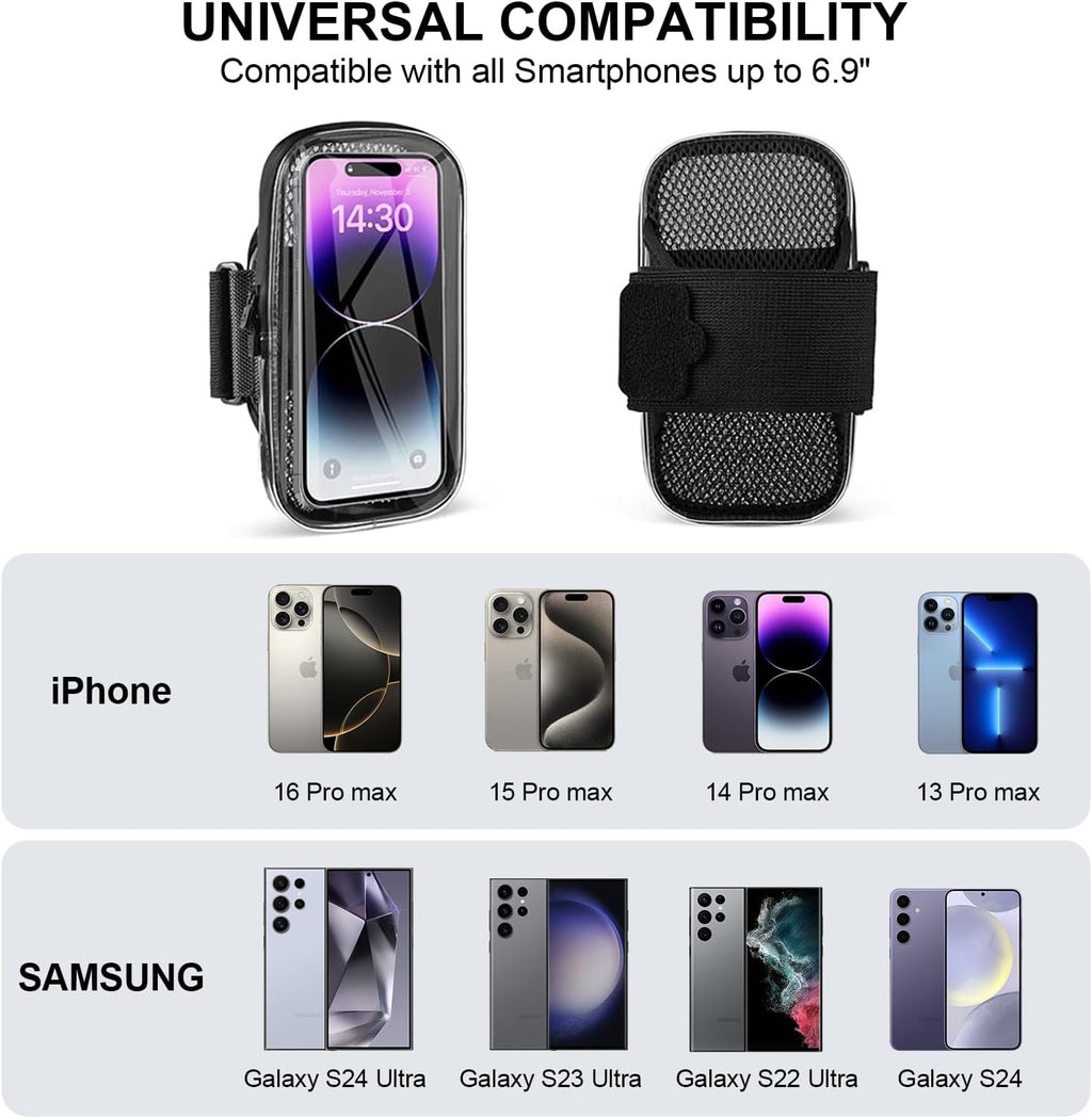Phone Holder for Running, Armband for iPhone 16 15 14 13 Pro Max 12 11 Plus X Samsung Android Up to 6.9'', Universal Arm Bands Bag with Key Card Pocket for Exercise Walking Workout Fitness