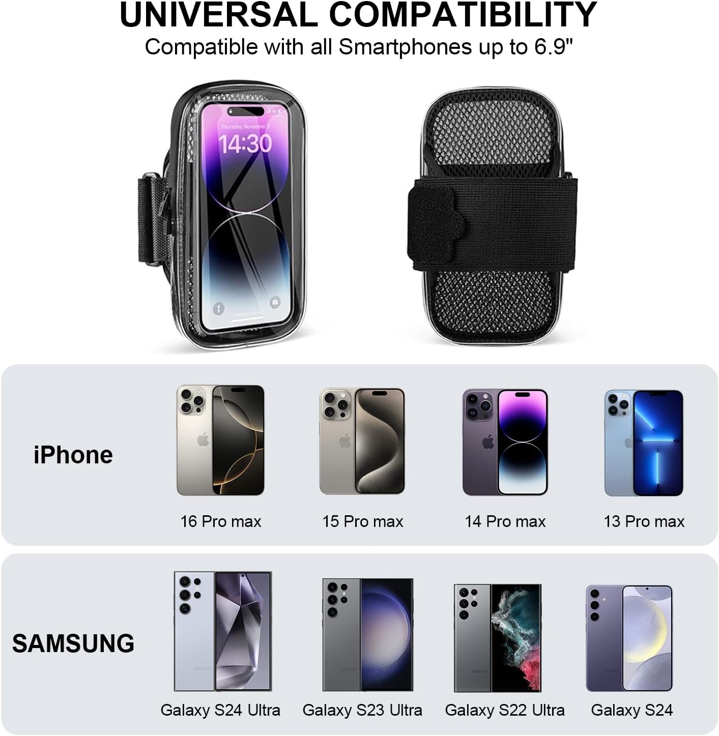 Phone Holder for Running, Armband for iPhone 16 15 14 13 Pro Max 12 11 Plus X Samsung Android Up to 6.9'', Universal Arm Bands Bag with Key Card Pocket for Exercise Walking Workout Fitness