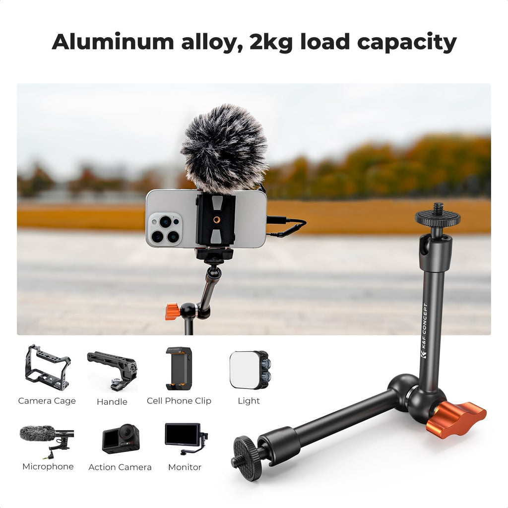 K&F CONCEPT 9.8" Magic Arm Clamp Kit with 1/4" & 3/8" Thread Screw 360° Ball Heads Articulating Magic Arm with Tripod Mount Adapter for Gopro/LED Lights/Monitor/Flash/Microphone/DSLR Camera