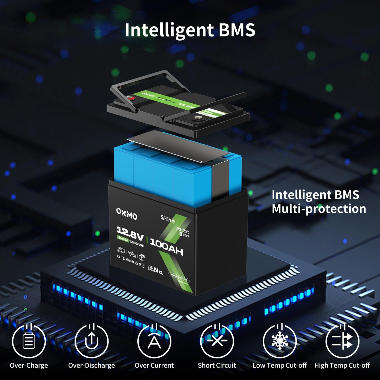 12V 100Ah LiFePO4 Battery with Bluetooth, BCI Group 24, Built-in 100A BMS, 1280Wh Rechargeable Deep Cycle Lithium Battery, 15000+ Cycles for RV, Marine, Solar, Trolling Motor, Home, Off-Grid