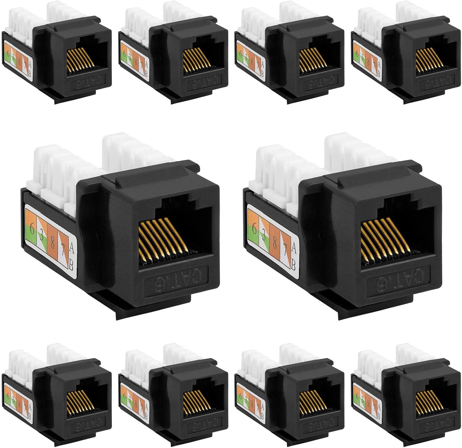 Cmple - 10 Pack Cat6 Keystone Jack Insert Punch Down RJ45 Connectors RJ45 90 Degree Female for Wall Plates, Patch Panels, Patch Cables, Ethernet Cables - Black