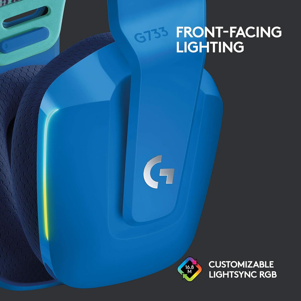 Logitech G733 Lightspeed Wireless Gaming Headset, Suspension Headband, Lightsync RGB, Blue VO!CE Mic, PRO-G Audio – Blue, Gaming Headset Wireless, PC, PS5, PS4, Switch Compatible
