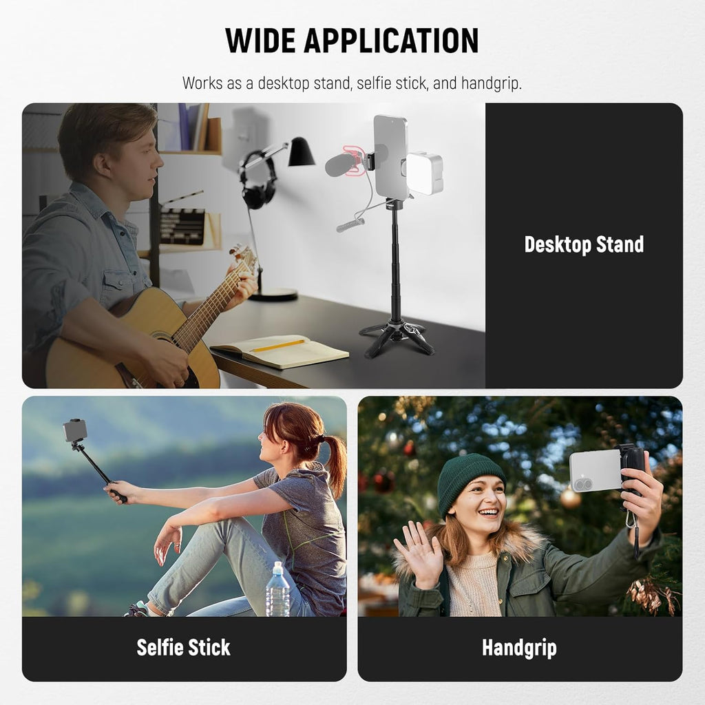 NEEWER Selfie Stick Tripod for iPhone, Lightweight Foldable Mini Travel 360° Desk Stand with Cell Phone Holder Cold Shoe for Video Recording Vlog Streaming, Remote Shutter & Cleaning Cloth, P15 Black