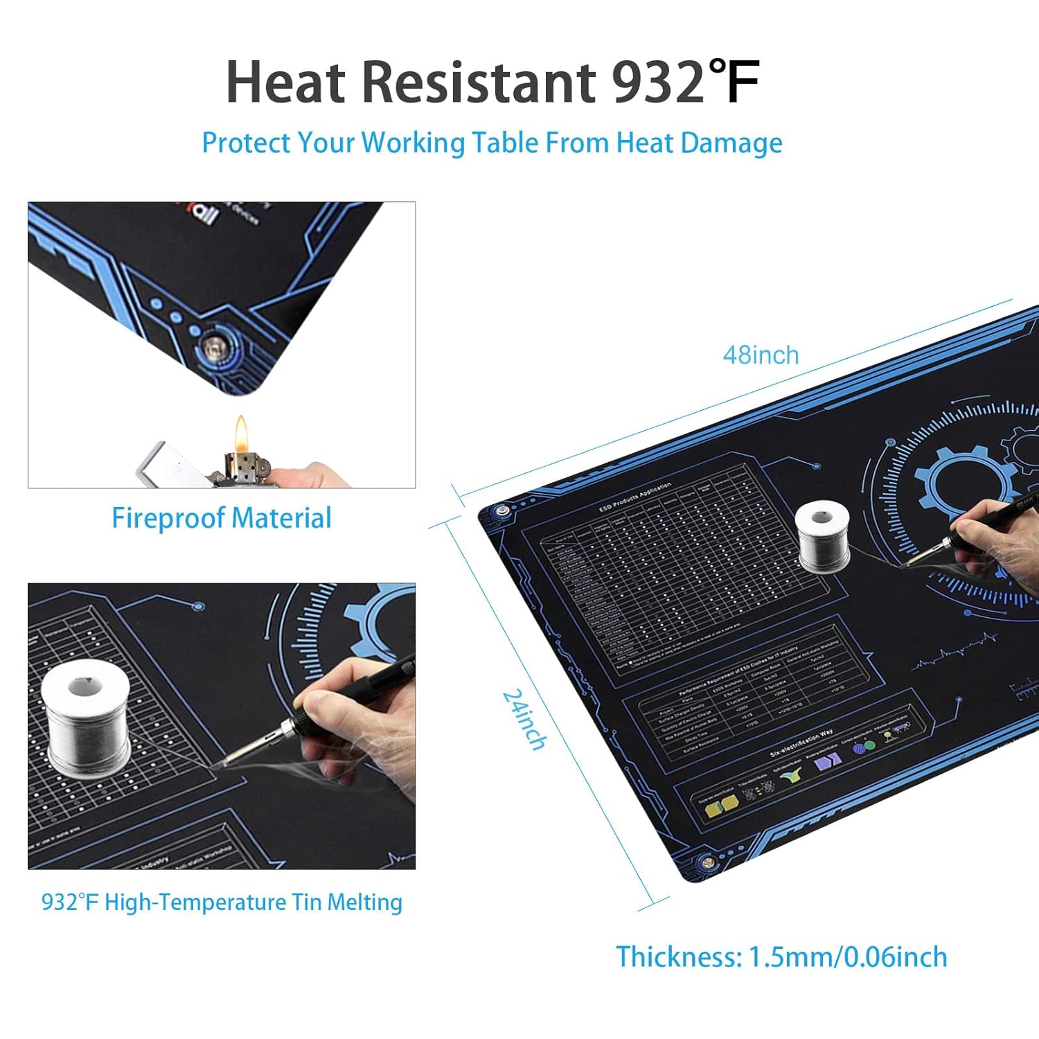 KooMall Large 48x24 Inch Anti Static Mat, Soldering Rubber Mat for PC Building, ESD Sensitive Device Repair, Assembly Work, with ESD Grounding Plug,Cord,Wrist Strap Bracelets Wristband,Heat Resistant