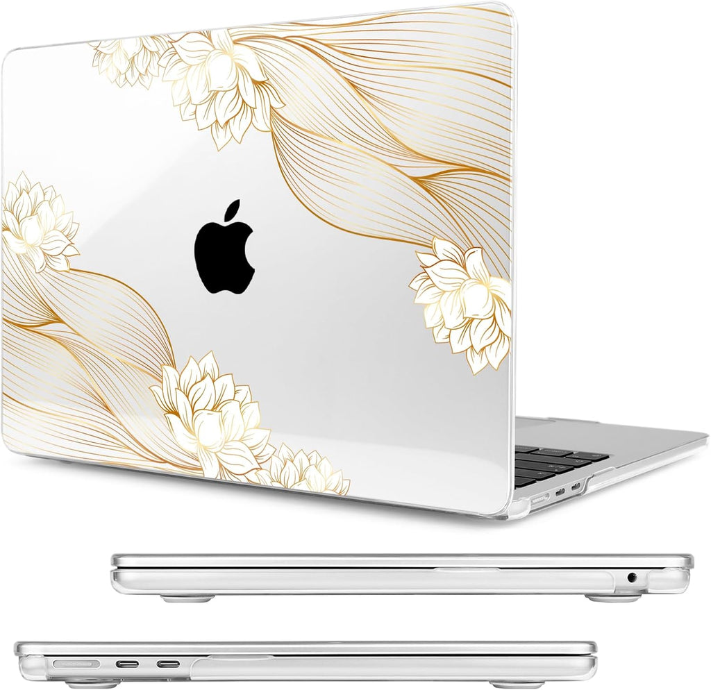 Compatible with MacBook Air 15 inch Case, M4 A3241/M3 A3114/M2 A2941 (Released 2025 to 2023), Hard Shell, Keyboard Cover, Screen Protector, Webcam Cover & Type-C Adapter, Gold Lace Flower