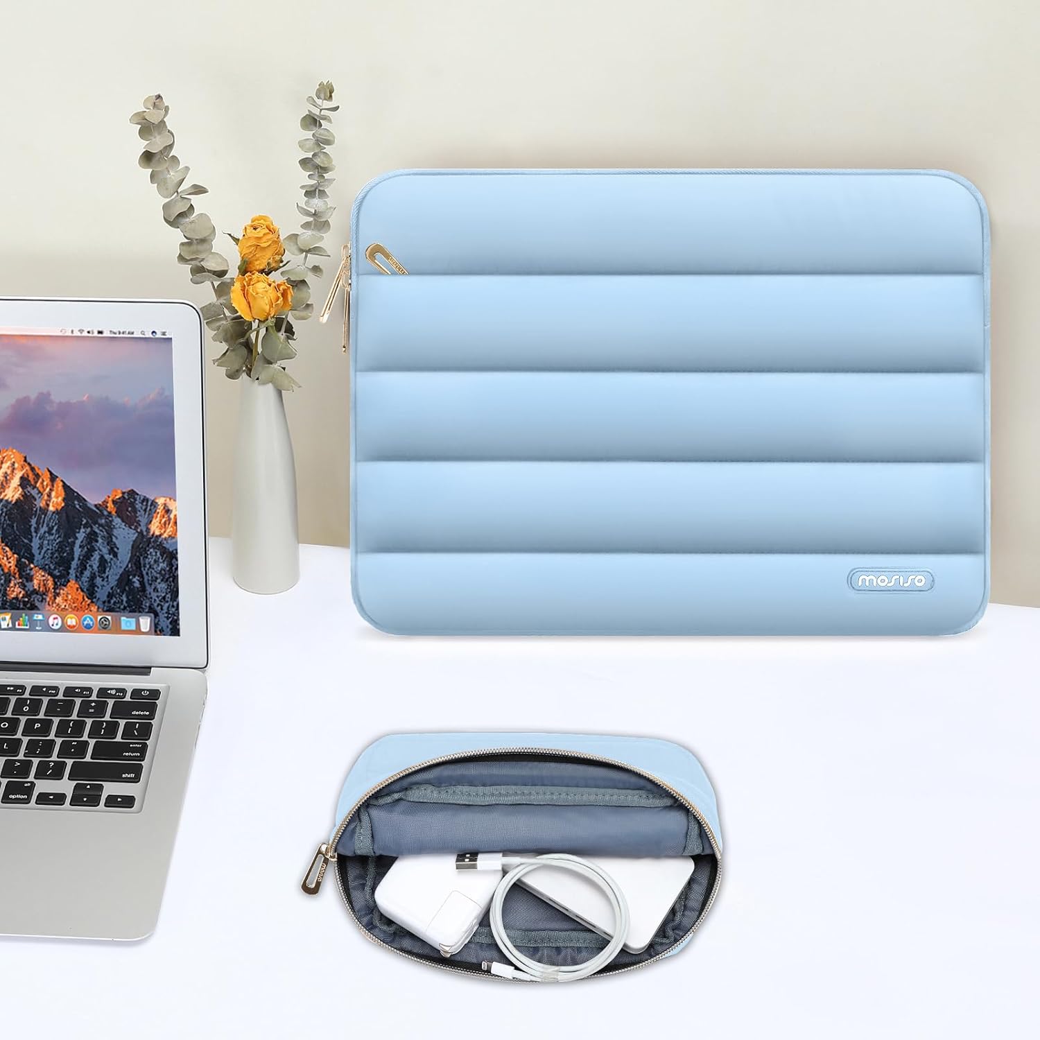 MOSISO 14 inch Laptop Case, 14 inch Puffy Laptop Sleeve Compatible with HP Lenovo Dell ASUS Acer, HP Stream, Dell Latitude, Lenovo IdeaPad, Polyester Horizontal Bag with Small Case, Air Blue