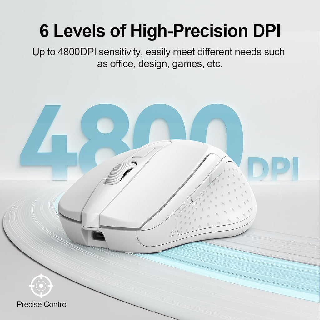 TECKNET Wireless Mouse (BT5.0/3.0 & 2.4G) Rechargeable 4800 DPI Silent USB A & Bluetooth Mouse 6 Buttons, Wide Compatibility - White