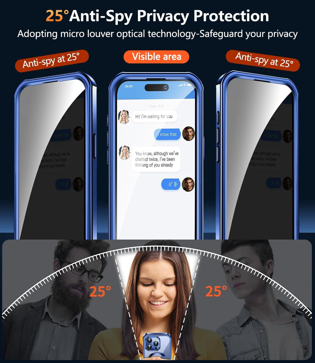 [360° Rotatable CD Stand & Built-in Privacy Screen Magnetic Case for iPhone 15 Pro Max[Compatible with MagSafe&Full Signal] Mil-Grade Shockproof Full Body Anti-Spy Cover for 15 Pro Max-Blue