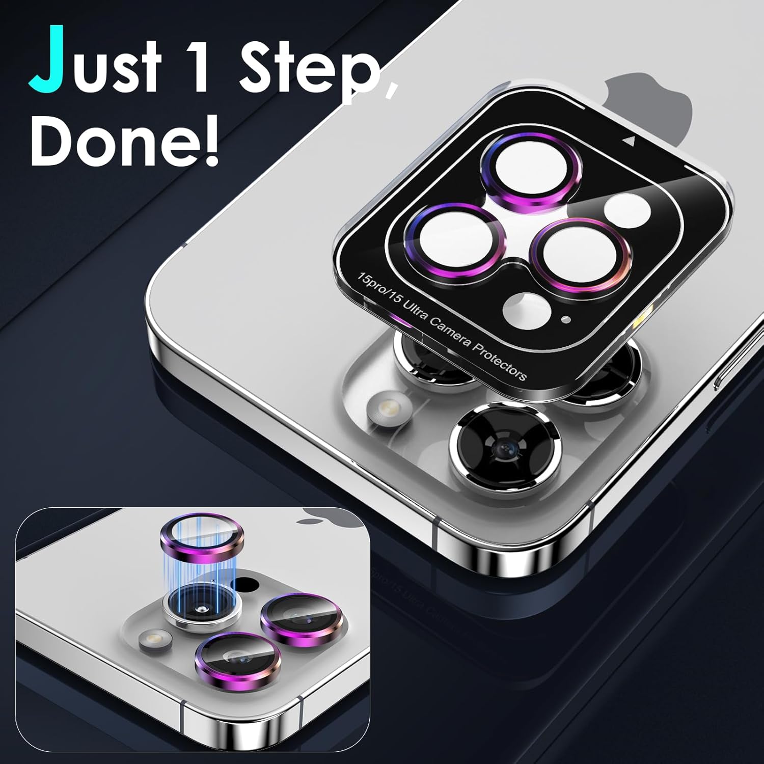 YWXTW CameraLens Protector,[1 Step Installation Tray] Tempered Glass Screen Metal Individual Cover Accessories Case Friendly (Multi-Coloured Titanium) (iPhone 15 Pro/15 Pro Max)