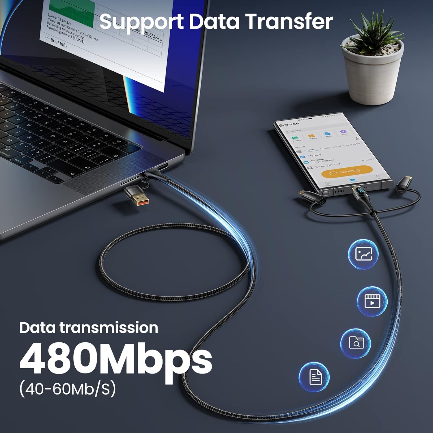 USB C to Multi Charging Cable, USAMS 100W 6.6FT 5A Type C to Type C Fast Charger Charging Cord with LED Display 5-in-1 C/A to C/Micro/IP Sync Charger Adapter Compatible for Laptop/Tablet/Phone