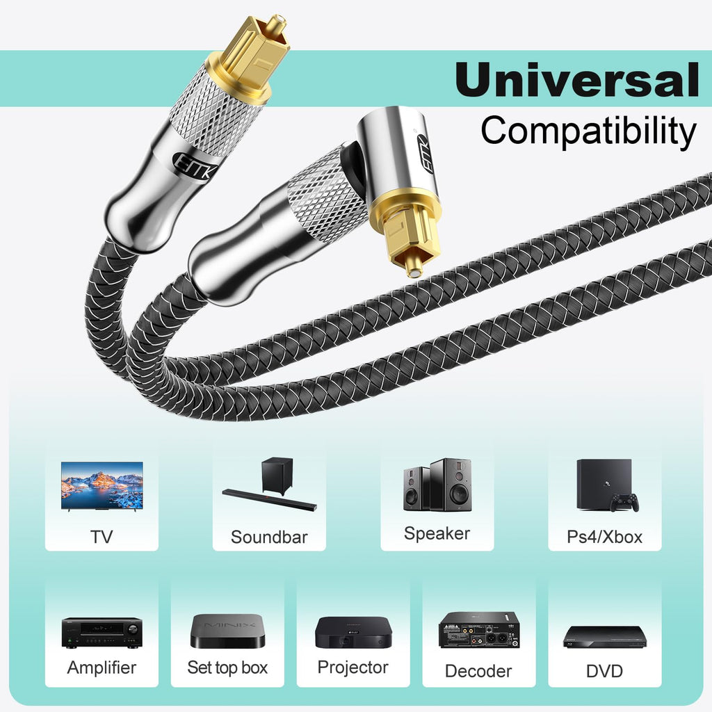 EMK Premium 24K Gold-Plated Right Angle Optical Cable – 90° Toslink to Toslink (0.6M/2Ft), 360° Rotatable for Soundbars, TVs & Home Theater