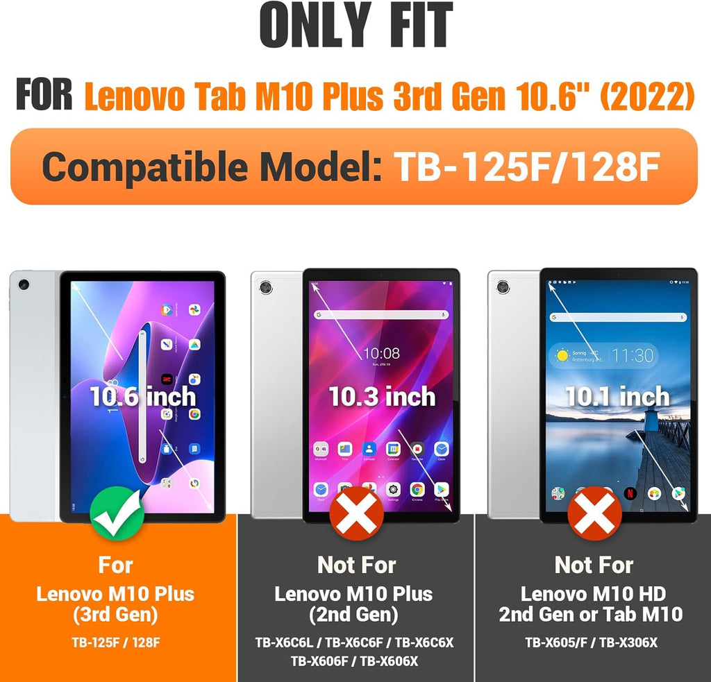 SEYMAC stock Tablet Case for Lenovo Tab M10 Plus 3rd Gen (TB-125FU/128FU/128XU) 10.6 inch Drop-Proof Protection Cover with 360° Rotate Stand & Strap [Pen Holder] & Screen Protector, Blue+Black