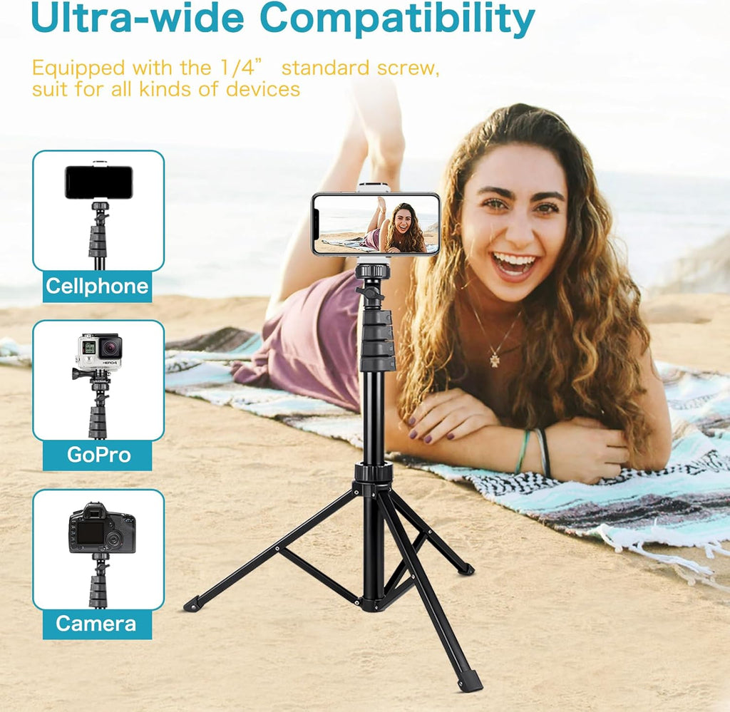 Aureday 67" Phone Tripod, Extendable Cell Phone and Camera Tripod Stand with Wireless Remote & Phone Holder, Aluminum Selfie Stick Tripod