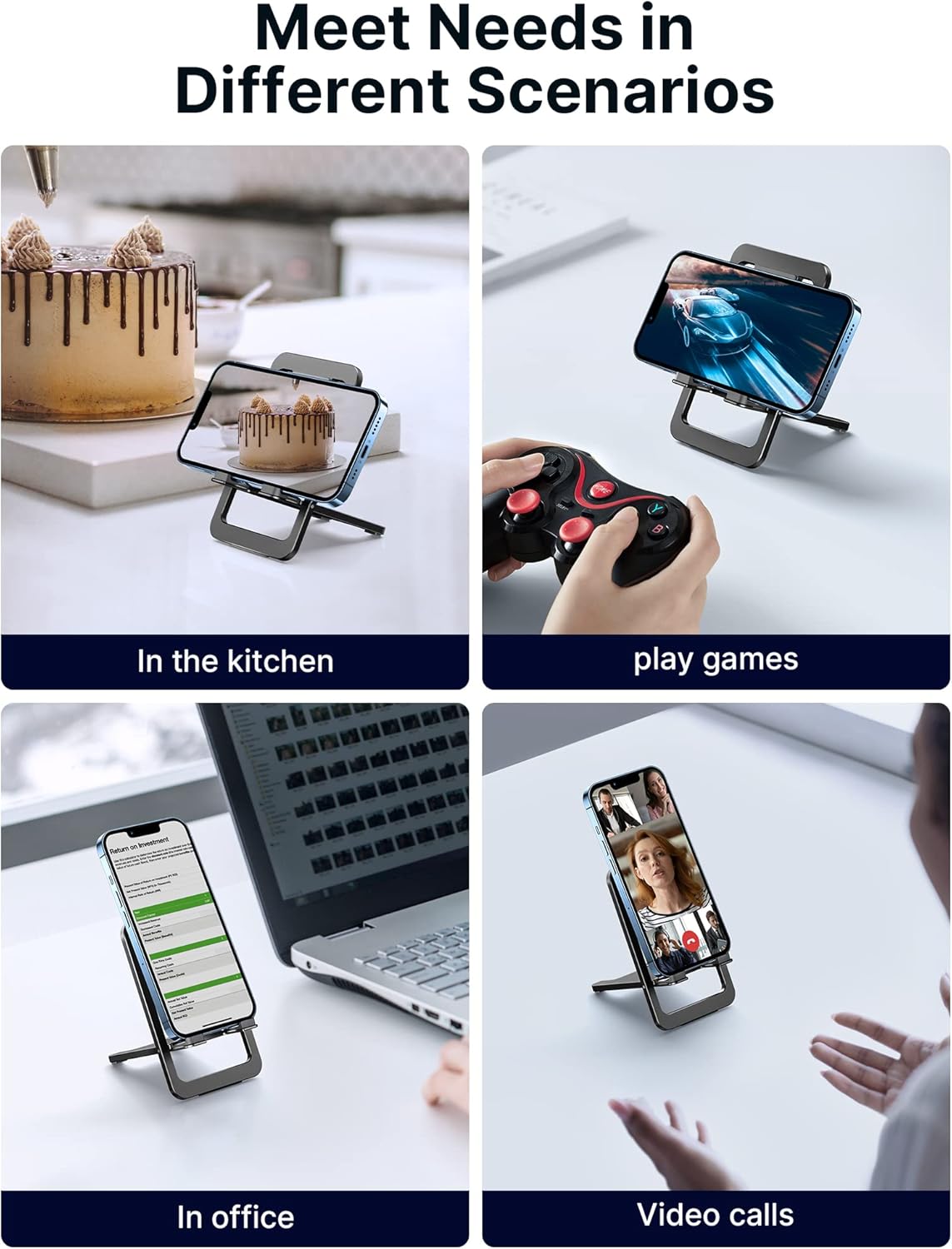 JSAUX Cell Phone Stand, Foldable Aluminum Adjustable Phone Holder for Desk Portable Travel Holder Office Desk Accessories Compatible with iPhone 15 14 13 12 11 Pro Max X Samsung S24 S23 Steam Black
