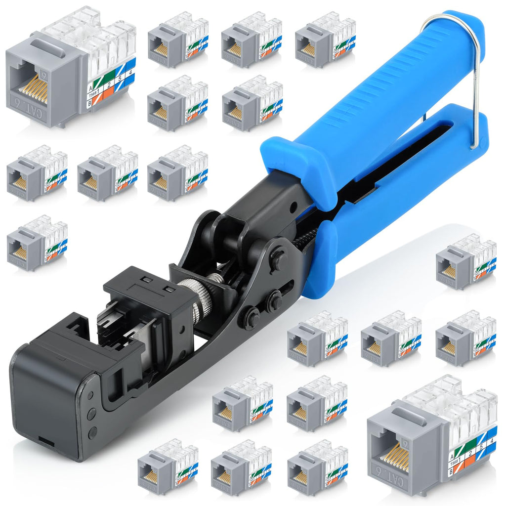 Everest easyJACK - 90° Angled Speed Termination Keystone Tool Set - with 20-Pack of RJ45 Cat6 Keystone Jacks in Gray (Slim Profile Design) - Time Saver Network Punch Down Tool Cat6