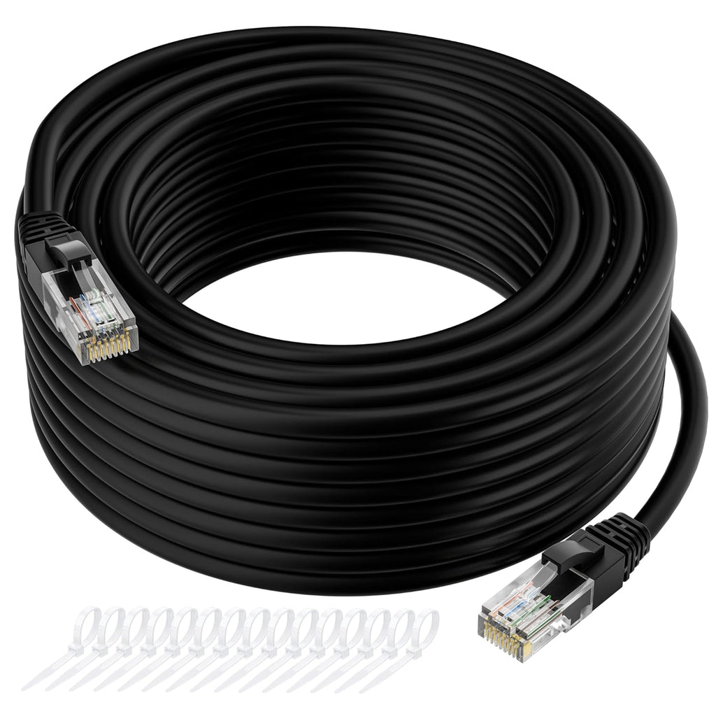 Cat5e Ethernet Cable 75 FT, Long Cat 5e Internet Cable, Black Snagless Patch Cord, Flexible, Network, LAN, PoE, Standard RJ45 Connector for PC, Server, Router, Modem, TV, PS5 - with 15 Cable Ties