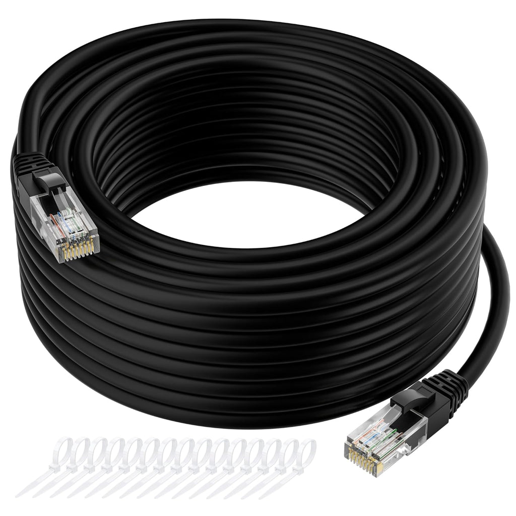 Cat5e Ethernet Cable 100 FT, Long Cat 5e Internet Cable, Black Snagless Patch Cord, Flexible, Network, LAN, PoE, Standard RJ45 Connector for PC, Server, Router, Modem, TV, PS5 - with 15 Cable Ties