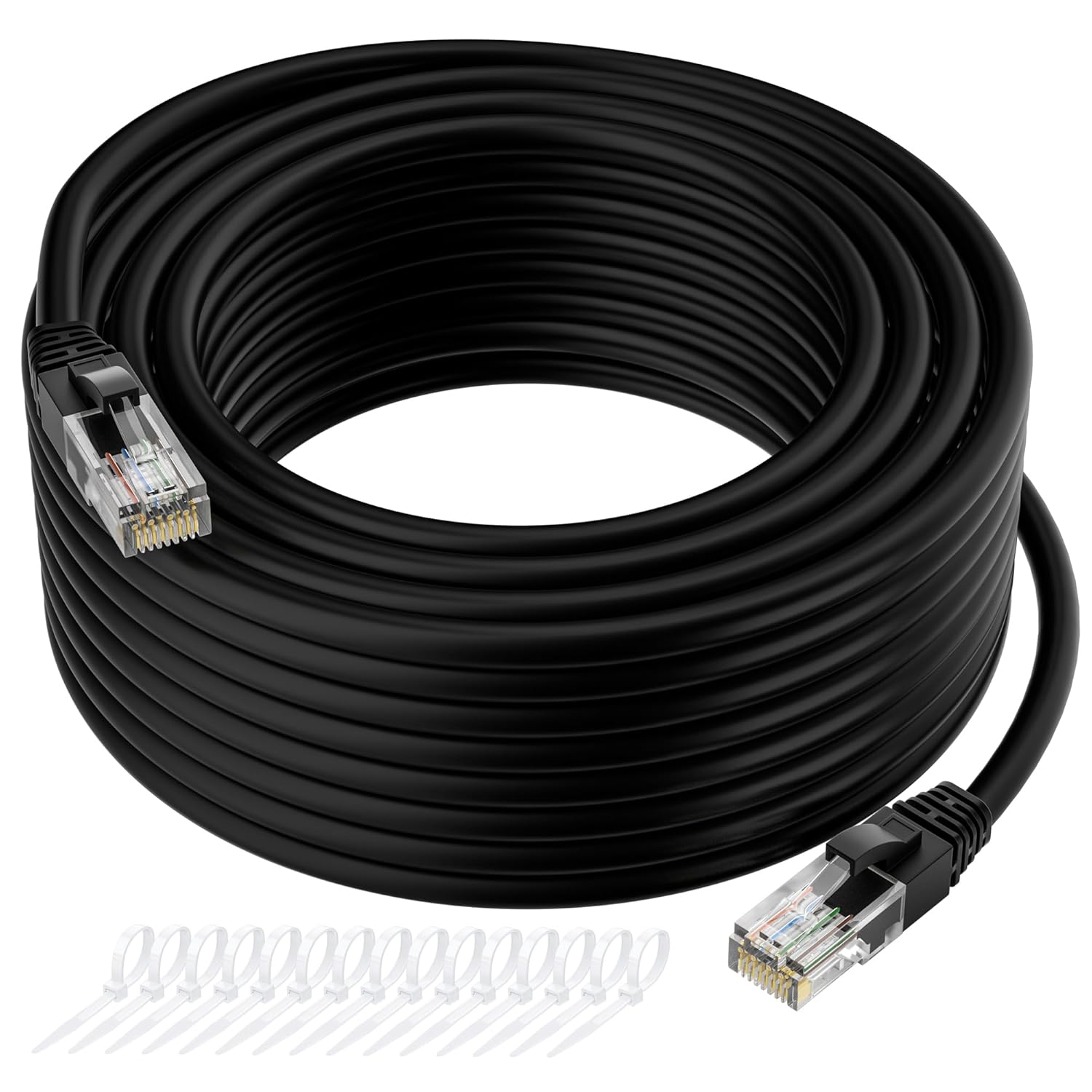 Cat5e Ethernet Cable 100 FT, Long Cat 5e Internet Cable, Black Snagless Patch Cord, Flexible, Network, LAN, PoE, Standard RJ45 Connector for PC, Server, Router, Modem, TV, PS5 - with 15 Cable Ties