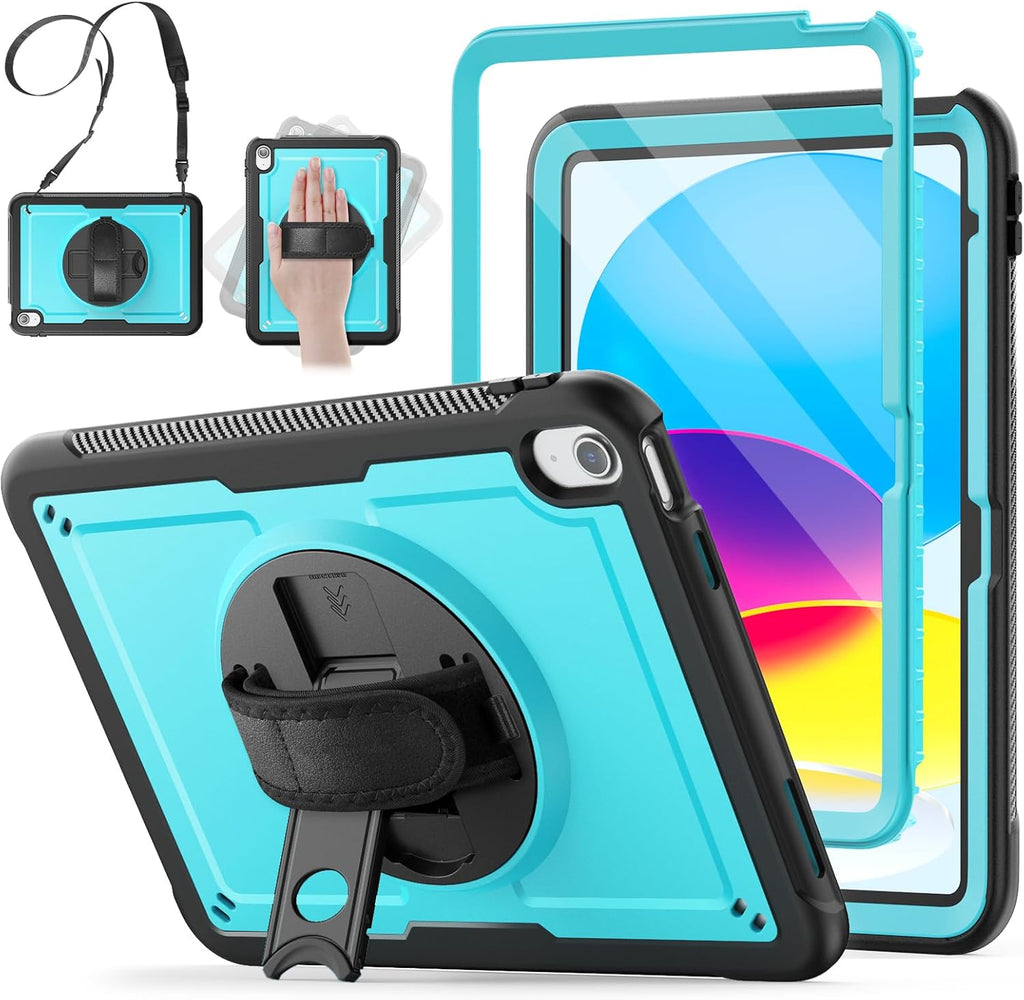 SCSVPN Case for iPad (A16) 11th Generation 11 Inch 2025 / 10th Generation 10.9 Inch 2022, Shockproof Protective Case with Screen Protector, Pen Holder, Rotating Stand, Hand/Shoulder Strap - Sky Blue