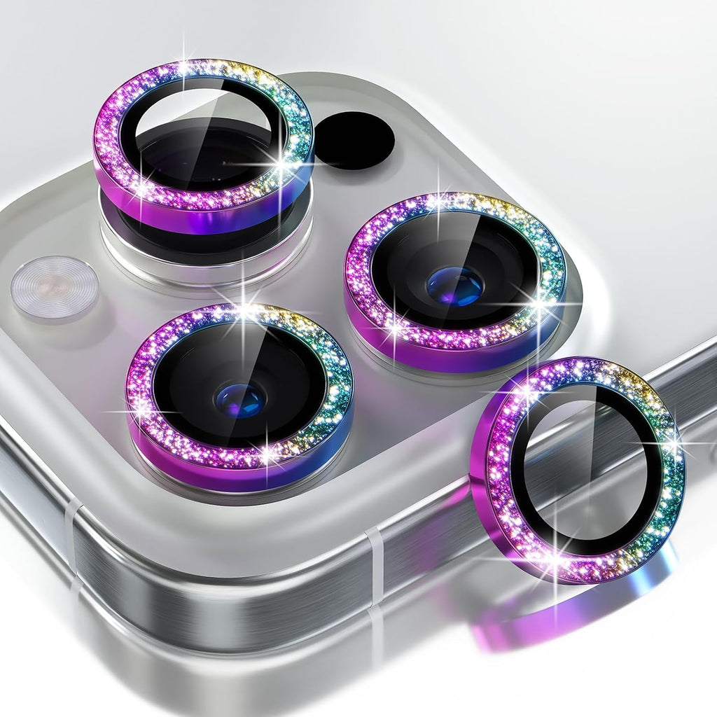 Choiche Compatible for iPhone 16 Pro/iPhone 16 Pro Max Camera Lens Protector Bling, 9H Tempered Glass Camera Cover Screen Protector Metal Ring Decoration Accessories (Glitter-Colorful)