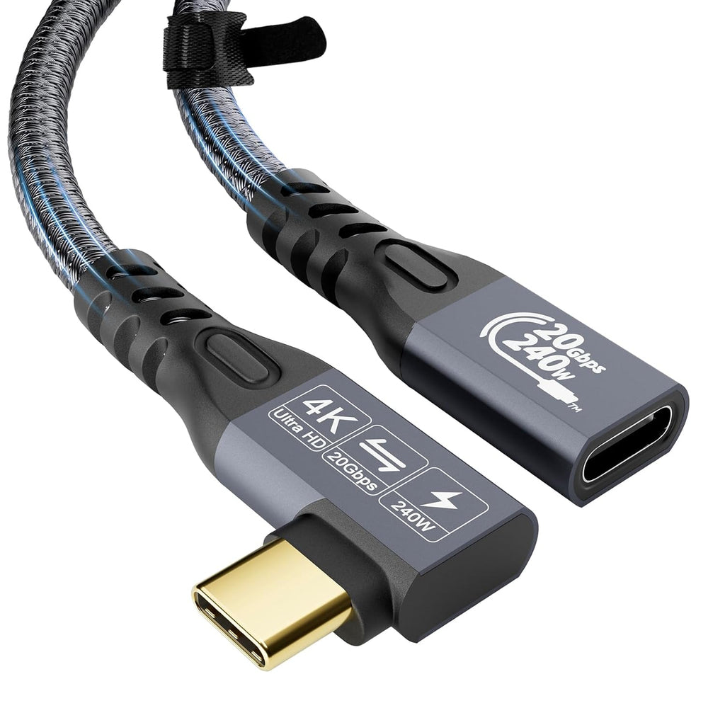 CABLEDECONN USB C 3.2 Gen-2 Extension Cord 2M 6.6FT 90 Degree Elbow Thunderbolt 3 240W Fast Charging Cable Male to Female Data Transfer 20Gbps 48V/5A 4K Video Cable Compatible with MacBook