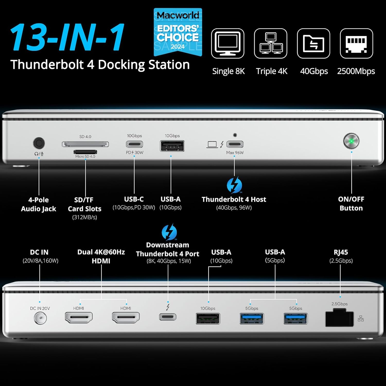 WAVLINK Thunderbolt 4 Hub with Dual HDMI 4K@60Hz,100W Charging, Thunderbolt Certified, 13-in-1 Thunderbolt 4 Dock Dual Monitor Single 8K Output for Windows or Mac, 4X USB, 2.5G Ethernet,SD/MicroSD