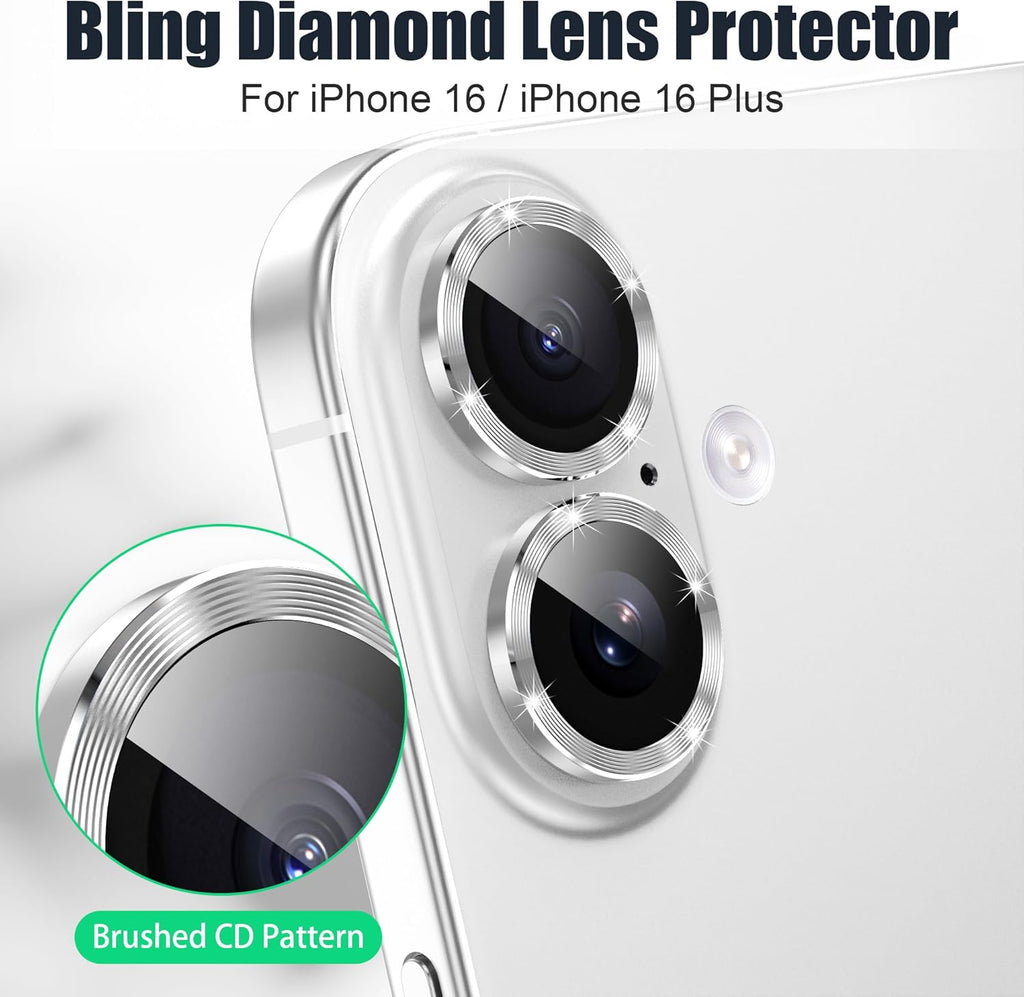 AGVEE 3+3 6 Pack for iPhone 16 6.1" / 16 Plus 6.7" Camera Lens Cover Protector, Bling Glitter & CD-Textured Metal Ring 9H Tempered HD Glass Camera Cover Protector Film, Glitter-Silver
