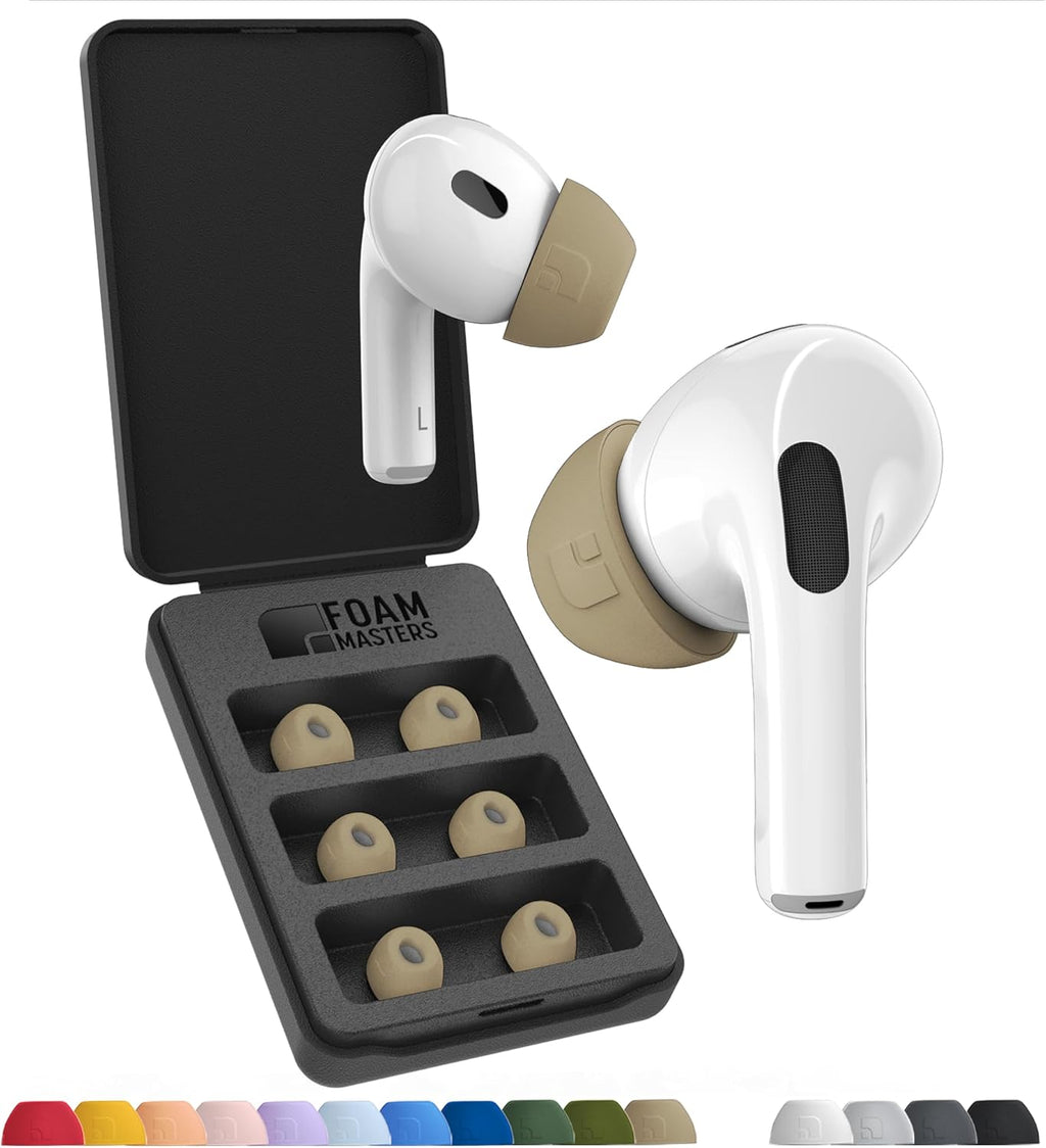 Foam Masters Ultra-Premium Memory Foam Ear Tips for AirPods Pro 1st & 2nd Gen | 3 Pairs | Black Magic Ver 6.0 | Secure | Comfort | Better Noise Cancel | Replacement Buds – FDE Tan, Small