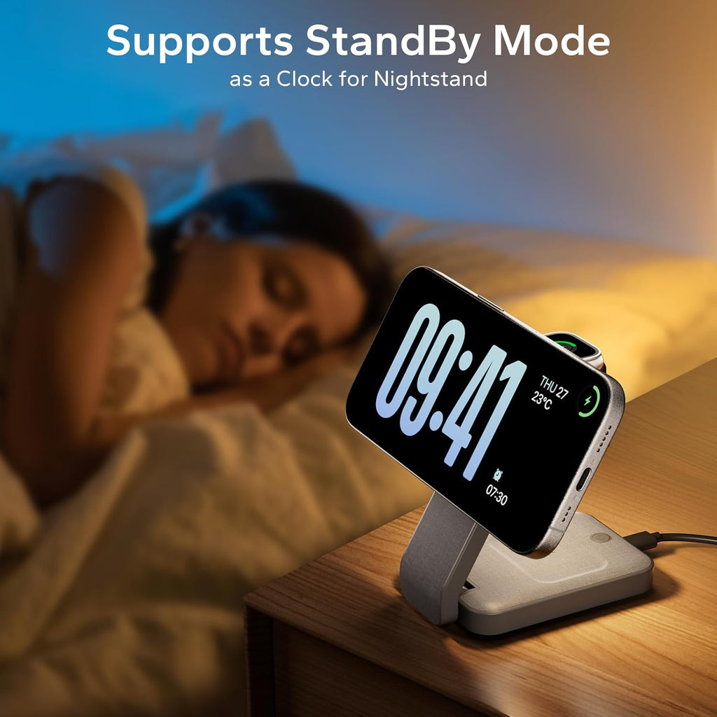 3 in 1 Foldable Wireless Charging Station for MagSafe, Nightstand Magnetic Charger Stand for iPhone 16 15 14 13 Pro Max, Travel Charging Dock with Night Light for Apple Watch/AirPods (Gray)