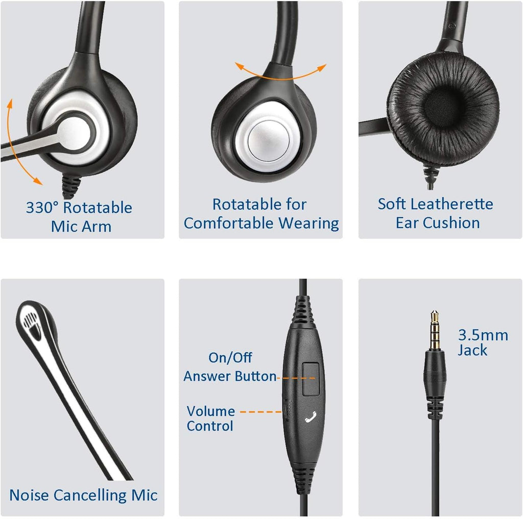 Cell Phone Headset with Microphone Noise Cancelling & Call Controls, 3.5mm Computer Headphones for Samsung PC Business Skype Softphone Call Center Office, Clear Chat, Ultra Comfort