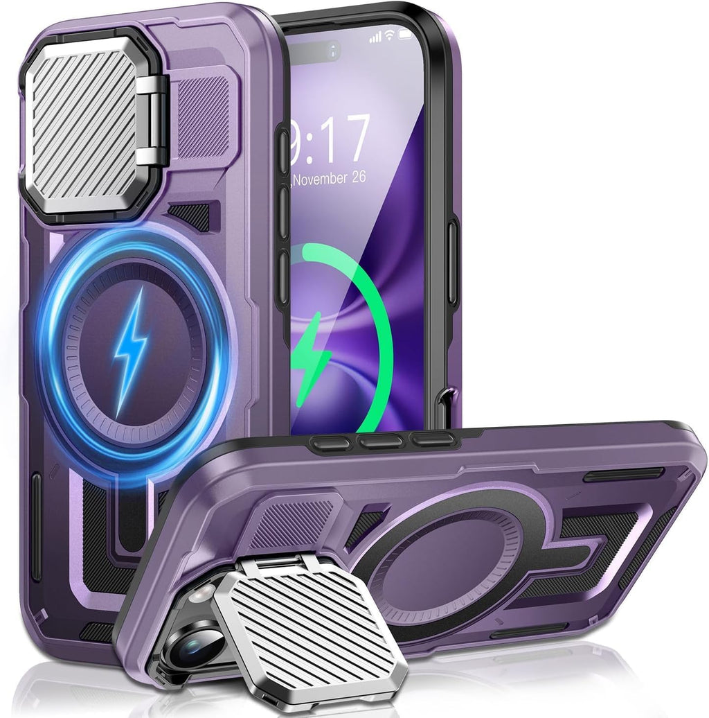 Camera Stand Case for iPhone 16 Plus, [Compatible with Mag Safe] [Lens Cover] 2024 Version Military Grade Protective Soft Case for iPhone 16 Plus 6.7 inch Men Women,Purple