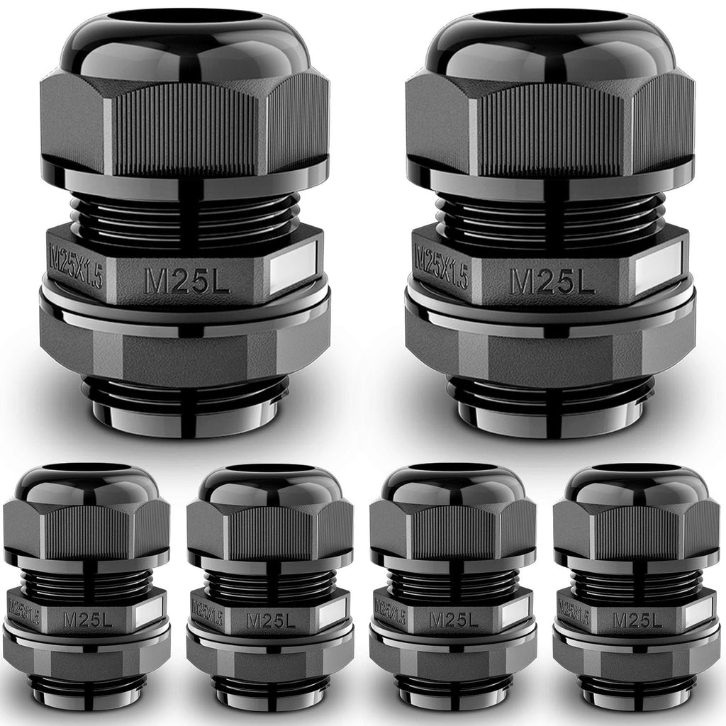QILIPSU 6pcs M25L Long Thread Cable Gland Waterproof IP68 Nylon Strain Relief Cord Grip Cable Pass Through Wire Connector
