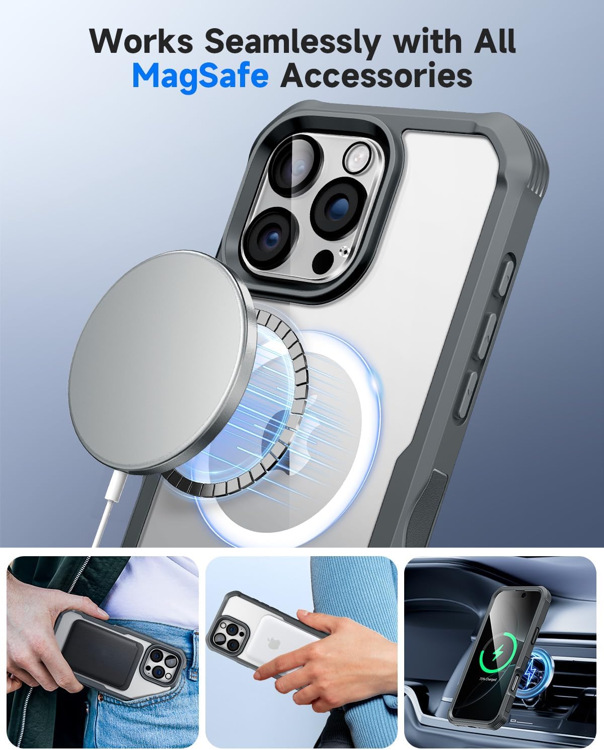 seacosmo for iPhone 16 Pro Case, Full Body Bumper with Built-in 9H Tempered Glass Privacy Screen Protector and Camera Lens Protector, Compatible with MagSafe, Shockproof Phone Cover, 6.3", Gray