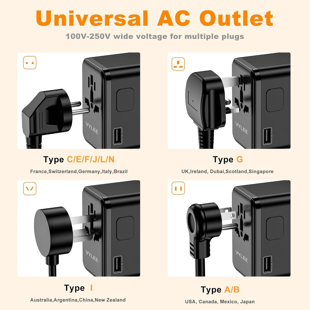 Universal Travel Adapter, VYLEE 45W International Plug Adapter with PD Fast Charging, 5-Port (1 AC/1 USB-A/3 USB-C), Wall Charger Worldwide Travel Essentials Plug for USA EU UK AUS Japan (Black)