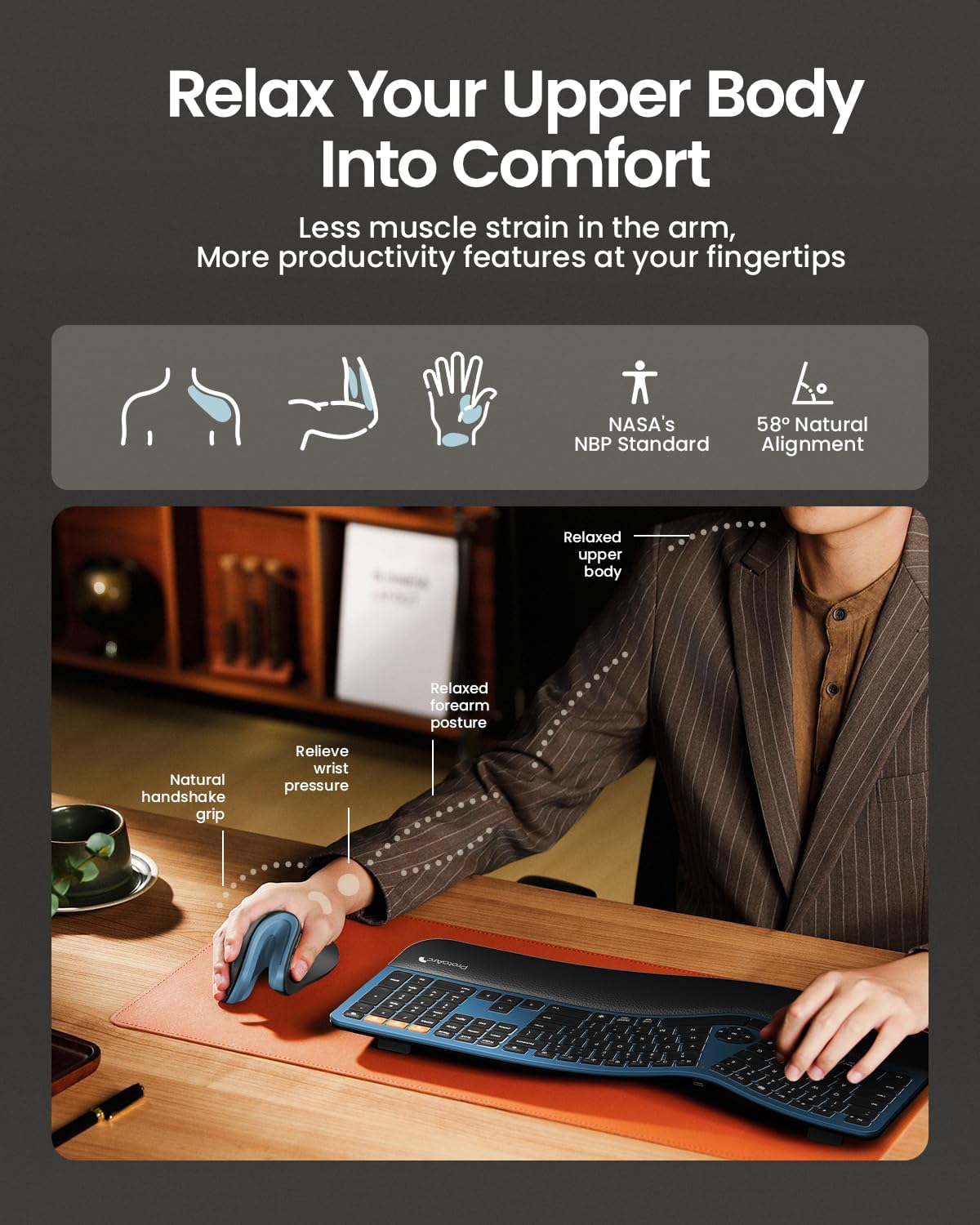 ProtoArc Ergonomic Mouse, EM11 NL Bluetooth Rechargeable Wireless Vertical Mouse, 3 Multi-Device Connectivity for Computer/PC/Laptop, 2.4GHz Optical Mice for Windows, Mac OS, Blue