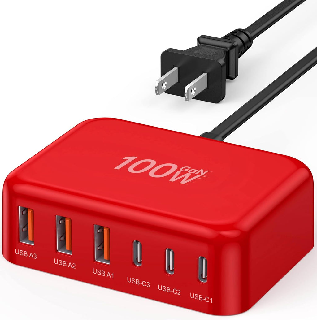 USB C Fast Charger 100W GaN 6 Port Type USB C Charging Station Hub Block Wall Charger Power Strip Adapter Plug Cube Brick 3 USB A for iPad iPhone16 15 14 13 12 11 Pro Max
